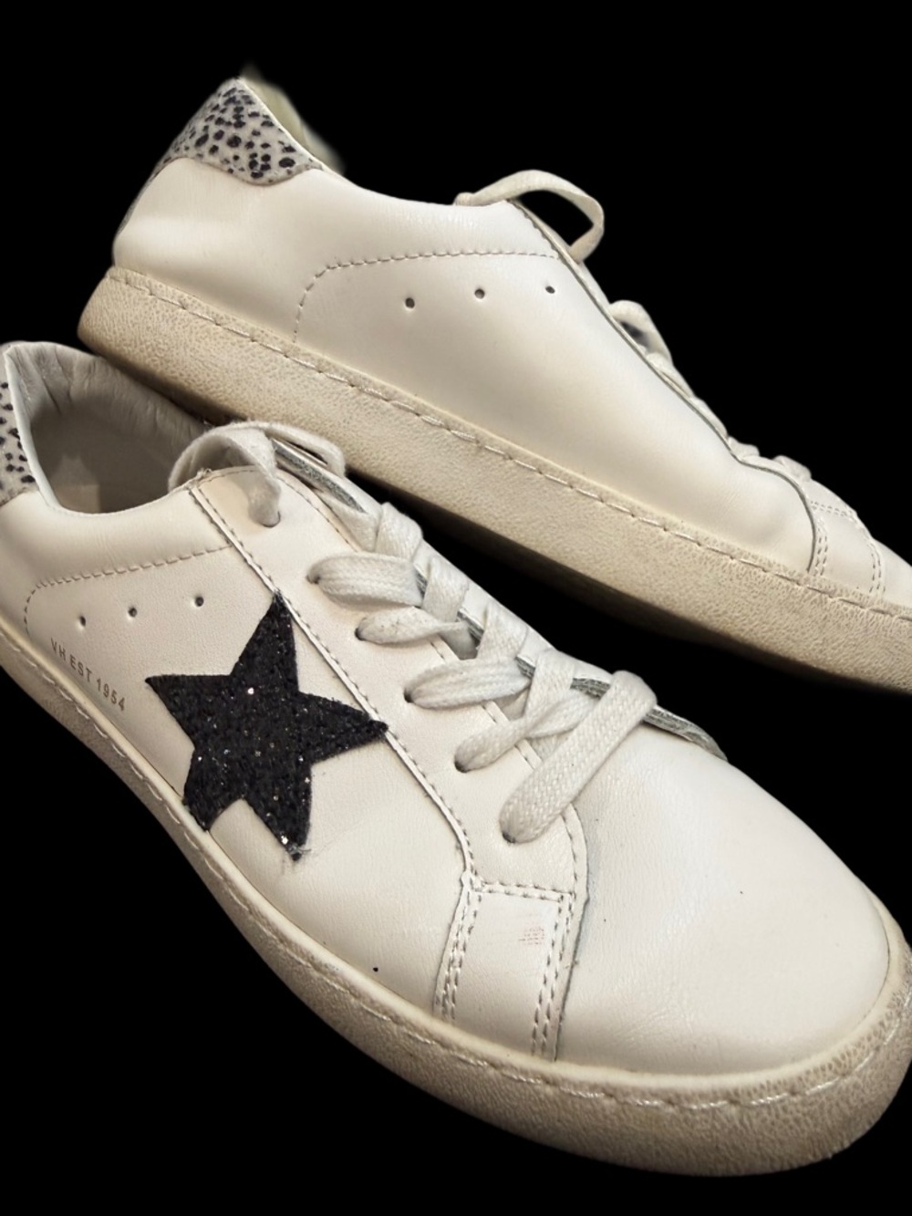 Vintage Havana White Sneakers with Black Star and Leopard Heel